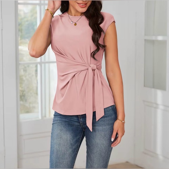 Grace Karin Mauve Tie-Front Cap Sleeve Blouse ~ Dusty Rose~Size Medium - Picture 3 of 16